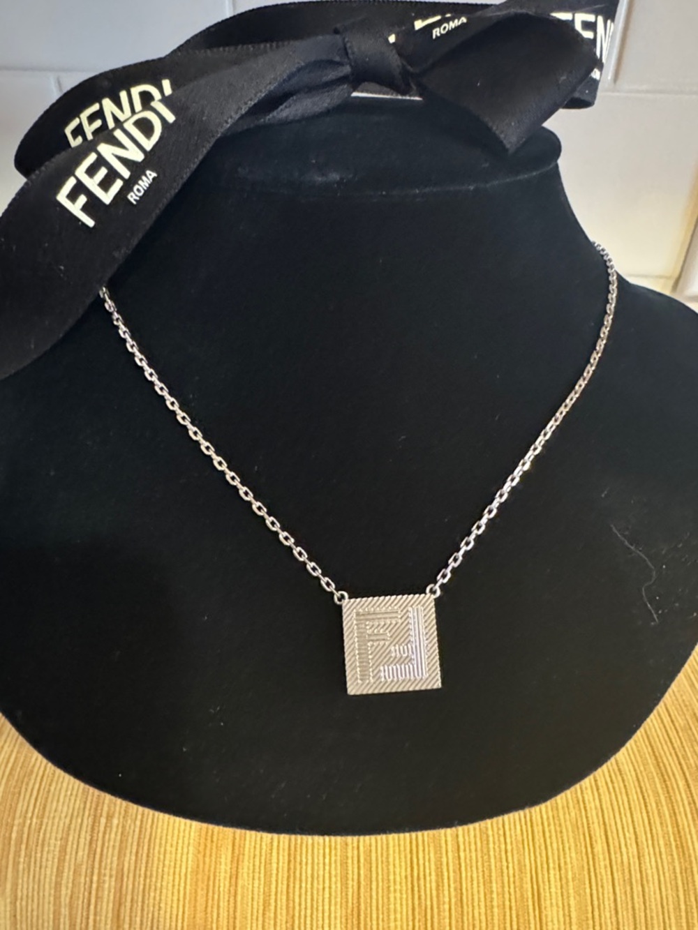 Fendi Shadow Necklace with a square pendant cable link chain, Palladium finish